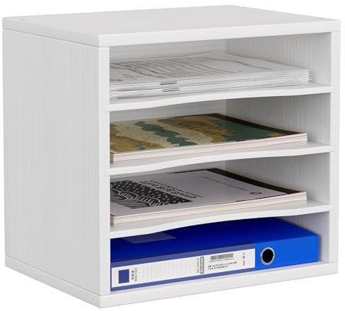EasyPAG Wood Desktop 4 Tier A4 in Tray Office Desk Tidy File Holder Paper Organiser Magazine Storage Filing Rack,White