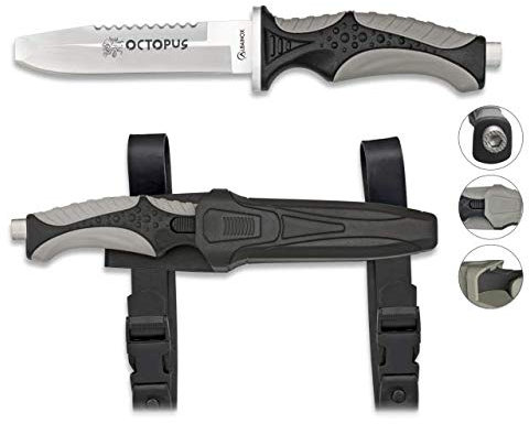 Cuchillo Submarinismo y Actividades acuaticas OCTOPUS negro 11,5 cm Buceo,Caza, Pesca, Camping, Outdoor, Supervivencia y Bushcraft Albainox 32337 + Portabotellas de regalo