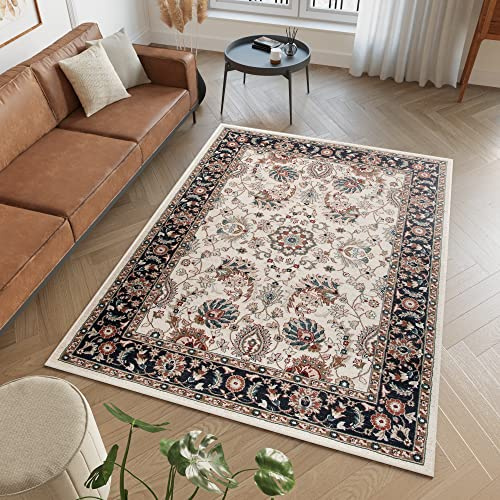 TAPISO Dubai Teppich Kurzflor Creme Schwarz Ornament Klassisch Traditionell Design Floral Bordüre Wohnzimmer Schlafzimmer ÖKO-TEX 200 x 300 cm