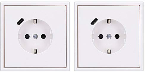 Jung SCHUKO USB-Steckdose Typ C (max. 3A) Komplett-Set Serie LS: 2x Steckdose LS152018CWW und 2x 1-fach Rahmen LS981WW Alpinweiß