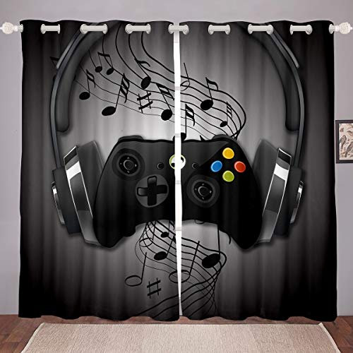 Black & Grey Headphones Musical Notes Gamepad Window Curtains For Boys Video Game Room Decor Cool Retro Playing Gamer Windows Drapes Gaming Controller Curtains W46*L54 2 Panels