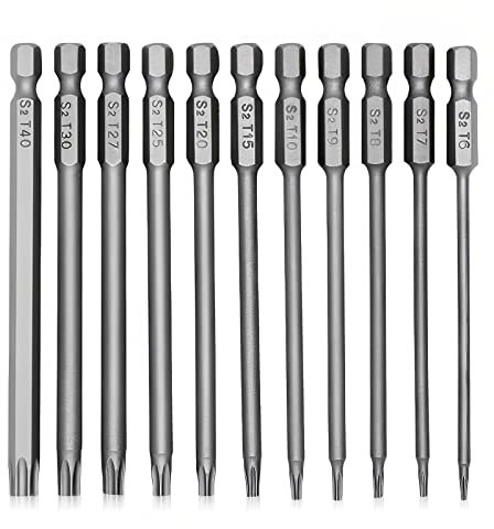 TOKINCEN 11 Stück 100mmTorx Lang Schraubendreher Bit Set 1/4 Magnetisch Sternenkopf Schraubenziehe Set T6-T40 Lang Sechskant Schaft Elektrische Torx Bits Satz Werkzeuge