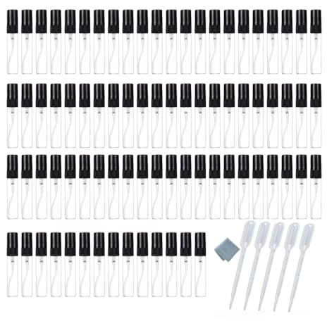 Elfenstall Bulk 50PCS Clear Glass 5ml 1/6oz Spray Bottle Perfume Fragrance Scent Vials Black Fine mist Atomizer Refillable Sprayer Portable Liquid Container Free 5pcs 3ml Dropper