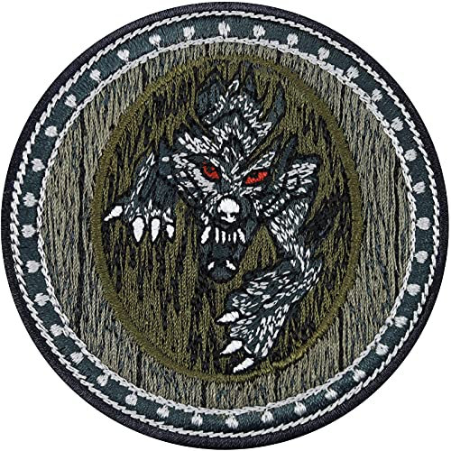Aufnäher Kriegerschild mit Wolf heraldisches Schild Aufbügler Wolf Krieger Abzeichen Wikinger Vikings Patch Böser Wolf Bügelbild Applikation zum aufbüglen/annähen | 70x70mm