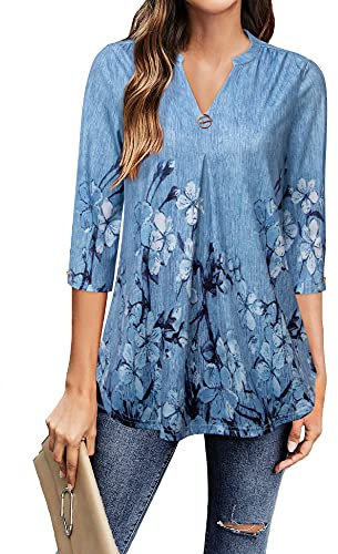 Gaharu Longshirt 3/4 Arm Cotton Oberteile Bluse Damen A-Linie V-Ausschnitt Damenmode 2022 Elegante Festlich Damenbluse Oversized Frauen Tunic Longtunika Women Frühling Locker Blaue Blumen, XXL