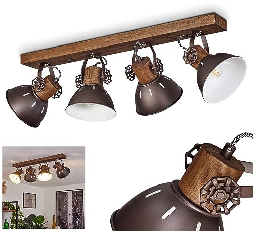 Deckenleuchte Orny, Deckenlampe im Vintage-Design aus Metall/Holz in Dunkelbraun/Weiß/Braun m. Lichtschlitzen, Leuchte m. Holzbalken u. verstellbaren Strahlern, 4-flammig, 4 x E27, ohne Leuchtmittel