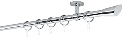 ondeco Gardinenstange auf Maß 20mm Rag 1-lauf Vorhangstange Deckenträger 4cm Stilgarnitur mit Ringen für Vorhänge 200cm Chrom