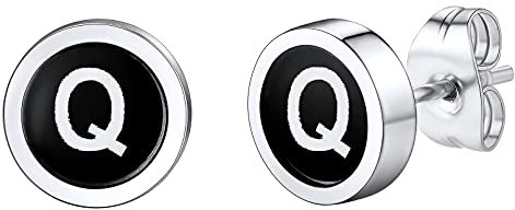 FaithHeart Edelstahl Runde Ohrstecker Schwarz Buchstabe Q Ohrstecker Punk Epoxy Ohrring mit Geschenkebox für Weihnachten Valentinstag