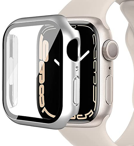 Miimall Custodia Compatibile con Apple Watch Serie 9/8/7 41mm, Case in PC Elettroplaccato, Protettore Dello Schermo in Vetro Temperato, Cover Opaca Antiurto per Apple Watch 41mm Serie 9/8/7, Argento