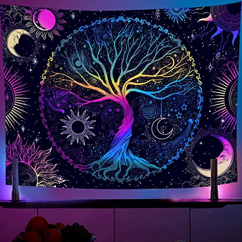 AACKart Schwarzlicht-Wandteppich für Schlafzimmer, ästhetischer Baum des Lebens, Wandteppich, UV-reaktiv, spirituell, Trippy Sonne und Mond, leuchtet im Dunkeln, Wandbehang, 199.9x150.1 cm