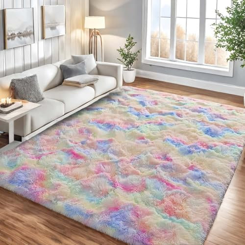 Lanyesky Flauschiger Teppich Wohnzimmer Rutschfester Pelzteppich Flauschiger weicher moderner Batik-Teppich aus Kunstpelzimitat, Kinderzimmer-Schlafzimmerteppich (Regenbogen, 120 x 160 cm)