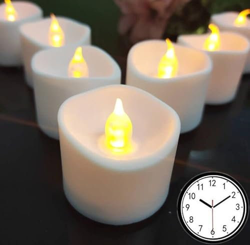 Jialine Led Tea Lights with Timer, 18 Hours Off in 24 Hour Cycle, Battery Flameless Flickering Tea Lights Votive Candles for Halloween, Weddings, Parties in Warm Yellow