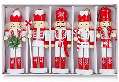 Premier Set Of 5 Nutcracker Christmas Decorations Wooden Tree Decorations Hanging Soldiers Red & White