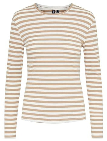 PIECES Women's Pcruka Ls Top Noos Bc T-Shirt, Silver Mink/Stripes: Cloud Dancer, M