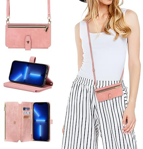 ZCDAYE Hülle für iPhone 14 Pro Max mit Band Handykette, Leder Handyhülle Handytasche mit Kartenfächern Frauen Brieftasche Klapphülle Tasche iPhone 14 Pro Max,Roségold