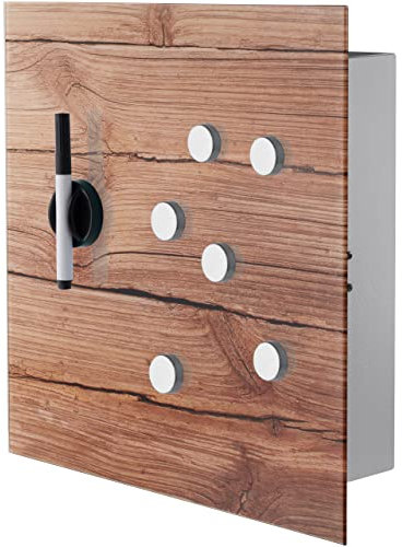 bonsport Schlüsselkasten modern mit Glas Magnettafel - Memoboard magnetisch mit 6 Magneten und Stift - Schlüsselschrank groß mit 20 Haken 33x33x6,8cm Holz Muster