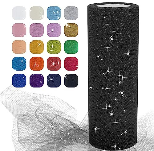 Uiopa Glitzer Tüll Schwarz, 15cm x 22,8m Glitzerstoff Polyester Tüllband Hochzeit Dekostoff, Tüll Stoff Rolle für Tutu-Röcke Party Hochzeit Tisch Deko Geschenkverpackung DIY-Handwerk