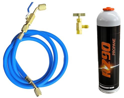 Füllset R290 Gasdose 370g + Ventil + Füllschlauch für Klimaanlage, Wärmepumpe, Kühlschrank