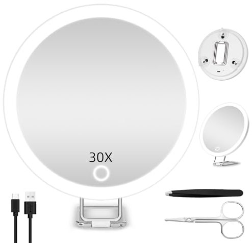 JADAZROR Espejo Compacto LED, Espejo de Aumento 30X con luz, Espejo de Viaje de 15cm con Aumento, Espejo de Aumento Iluminado Recargable, Espejo de Maquillaje portátil Regalo