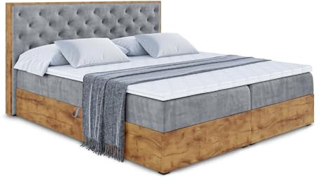 ALTDECOR Boxspringbett mit Bettkasten Multipocket-Matratze H4 mit Topper + PUR + Kokosmatte, (4 cm hoch), Polsterbett mit Kopfteil und Bettkasten mit Eiche Holz - LOLLI3-180x200 Grau Samt