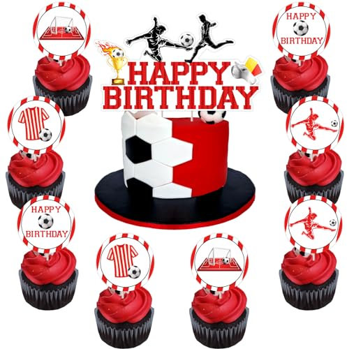 Football Birthday Cake Topper Decorations, Red Happy Birhtday Football Cake Toppers and Decorations, 12pcs Double-sided Football Player Cupcake Toppers for Boys Girls Men Sports Theme Birthday
