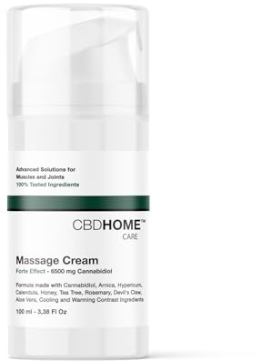 CBD HOME Sports - Crema da Massaggio con 6.500 mg di CBD + CBG - Effetto Forte - Con Cannabidiolo, Arnica, Iperico, Artiglio del Diavolo – Muscoli, Ginocchia, Lombari, Cervicale, Schiena - 100ml