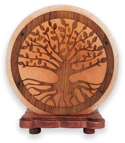 LAMARE Lámpara de sal del Himalaya – Árbol de la Vida – 20 x 22 x 10 cm – Con base de madera, cable y bombilla incluidos – Hechas artesanalmente