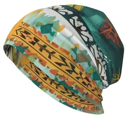 Dwrepo Beanie-Mütze mit Bohemian-Federdruck, warme Winter-Strickmütze, Slouchy, modische Beanie-Mütze für Damen und Herren, Schwarz, Einheitsgröße, Schwarz, Einheitsgröße
