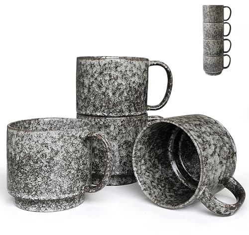 NIUKOMY Set di 4 Tazze da Caffè Nero in Ceramica, Grandi Tazze Impilabili in Porcellana, Set di Tazze da Tè Grande con Manico 480ML, Lavabile in microonde e in lavastoviglie