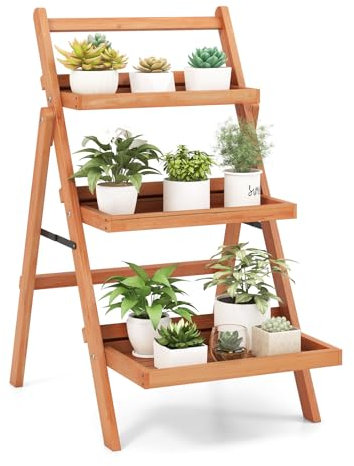 SPOTRAVEL 3-Tier Ladder Plant Stand, Foldable Potted Plant Shelf with Step Design, Indoor Outdoor Wooden Plant Pots Holder for Living Room Balcony Yard Garden