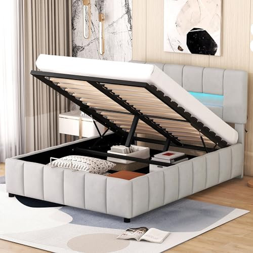 Polsterbett 140x200, Doppelbett mit Lattenrost und Stauraum, Hydraulisch Stauraumbett mit LED-Beleuchtung, Rückenlehne Bettgestell Jugendbett Funktionsbett Familienbett, ohne Matratze, Samt, Grau