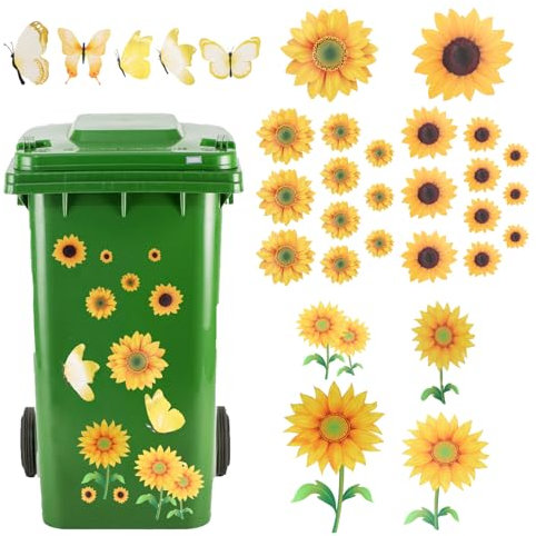 Litinliv Lot de 31 Autocollants pour Poubelle à Roulettes, Sticker Poubelle Extérieure Décoration de Tournesols, Autocollants Imperméables Pour Mur, Porte, Poubelle, Réfrigérateur