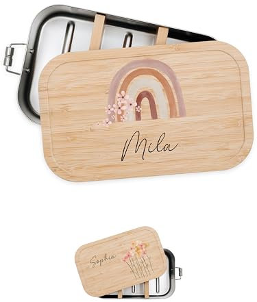 Bärenfreunde® - Personalisierte Brotdose für Kinder mit Spezial-Druck - Robuste Edelstahl Brotdose - Personalisierte Geschenke für Kinder & Erwachsene (Regenbogen Blumen,GROSS Edelstahl)