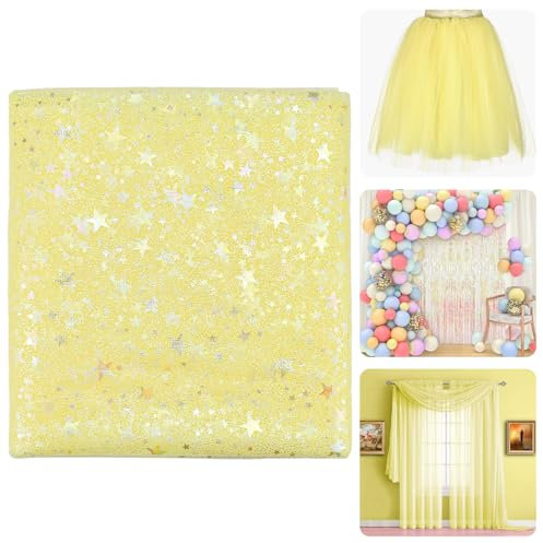 SLTAXAR Tüllstoff Glitzer Gelb Dekostoff mit Sternen Sparkly Stoff 160 * 200cm Glitzer Tüll Tüllband Deko Stoffe Glitzer Garn Tüll Weich und Fein Dekoband für DIY Bekleidung Deko Weihnachten Hochzeit