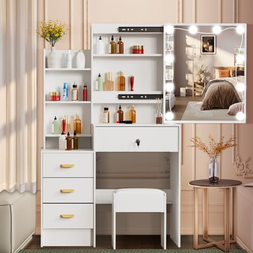 Puselo Toeletta Trucco con Luci e Sgabello, Toeletta da Trucco con Specchio, 3 Colori di Luce Regolabili, con 4 Cassetti e 7 Ripiani, MDF Bianco 83x36x140 cm