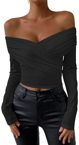 Belriviere Womens Sexy Off The Shoulder V-Neck Tops Y2K T-Shirt Slim Fit Long Sleeve Spring Autumn Blouse Going Out Tee M Black