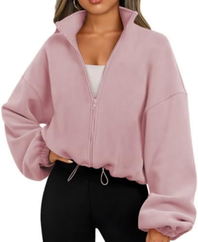 Famulily Frühling Pullover Sweatshirts für Damen Langarm Übergröße Basic Full Zip Fleece Kurz Jacke Loose Fit Outwear Tunika Hoodies Rosa S
