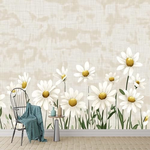HandPainted Daisy Field Wall Mural Neutral Linen Background Photo Wallpaper for Boys' Bedroom and Living Room 150 x 105 cm Playroom Nursery Teen Room Kids' Wall Art
