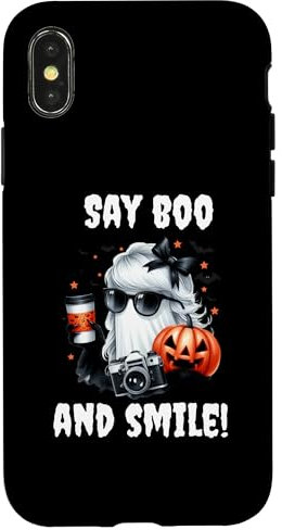 Hülle für iPhone X/XS Halloween weibliche Fotografin Ghost mit Kamera say boo