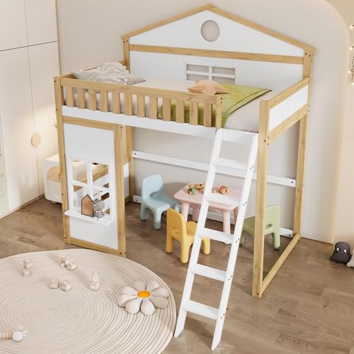 YESGIGA Etagenbett, Hausbett, mit Treppe, mit Fallschutz und Gitter, Kinderbett mit Dach und Fenster, Frei gestaltetes Unterbett, Rahmen aus Kiefer, Kiefer+MDF, Weiß+Natur, 90x200cm