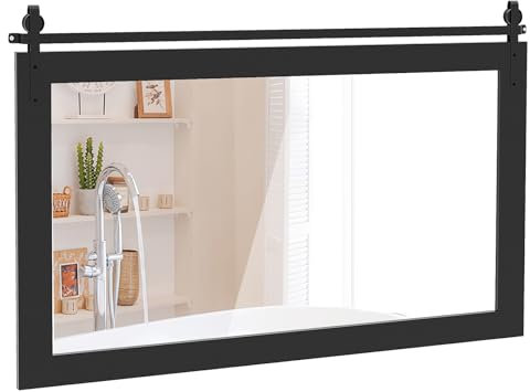 COSTWAY Decorative Rustic Wall Mirror, Rectangle Barn Door Hanging Vanity Mirror, Farmhouse Solid Wood Frame Wall Mounted Mirror for Bathroom, Living Room, Bedroom and Hallway (Black, 101x66cm)
