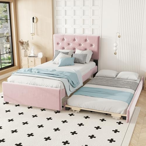 Aoskem Polsterbett Einzelbett Bett 90x200 cm mit Rollbett 90x190 cm, Bettgestell mit Lattenrost, Kinderbett Jugendbett Flachbett Rückenlehne Bett Gästebett, Ohne Matratze, Samt (Rosa)