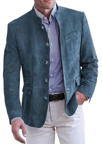Onsoyours Blazer Décontracté à Col Montant pour Homme avec Poche à Revers et Manches Longues en Daim Vintage Décontracté Slim Bouton Costume d'affaires Blazer Veste A Bleu S