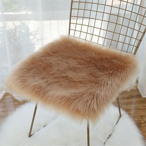 Stuhlkissen Kunstfell Quadratisch, Klein Quadratisch Sitzbezug Flauschiges Kissen, Sitzkissen Faux Lammfell Schaffell, Sitzauflage Quadratisch PlüSch für Wohnzimmer Schlafzimmer (Khaki,50x50 cm)