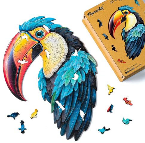 Figured'Art Holzpuzzle Erwachsene und Kinder 200 Teile Tiere - Bunter Tukan - Originelles Design 23,3x33,7 cm Einzigartige Form mit Premium-Holzkiste
