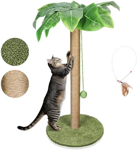 MASTERTOP Tall Cat Scratching Post, 85cm Scratching Post with 11 Durable Plastic Leaves, Claw Scratcher Sisal Rope and Sturdy Bottom Flower Plate, Tall Indoor Claw Scratcher for Kittens and Cats