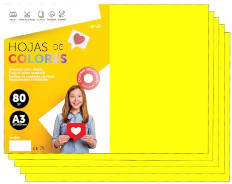 Buntes Papier A3 80g für Drucker & Basteln, Farbige Blätter für Kinder, Kreativprojekte, Karten & Schule M-office (50 Blatt, Gelb Neon)