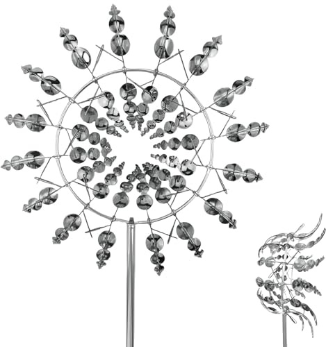 YushengTai Magische Windmühle, Magische Windmühle aus Metall, 3D-Windbetriebene Kinetische Skulptur, Metall-Wind-Spinner, Windspiel Garten Stehend, für Garten Terrasse Rasen Innenhof (Silver)
