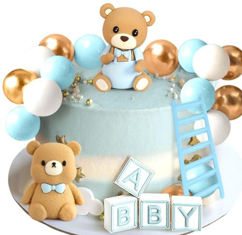 Oso de peluche azul, decoración para tartas, bautizo, niño, 1 año, color azul, decoración para tartas, oso de peluche, decoración para bodas, baby shower, cumpleaños