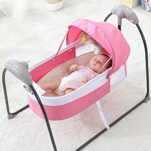 KOLHGNSE Babyschaukel Elektrisch, Rosa Babywippe 3-Speed Babybett Babywiege Stubenwagen Reisebett mit Bluetooth Musik & Timer für Babys 0-12 Monate